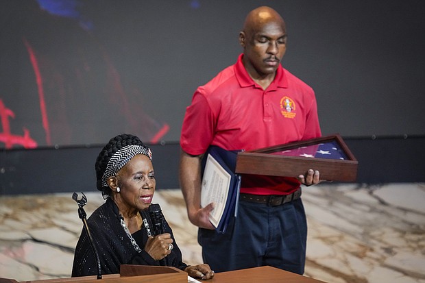 Rep. Sheila Jackson Lee speaks during the celebration of life services for The Rev. William “Bill” Lawson in the sanctuary of the original Wheeler Avenue Baptist Church on Friday, May 24, 2024 in Houston. Known for being a “Houston’s Pastor,” Lawson was the founding pastor of Wheeler Avenue Baptist Church who helped lead the Houston’s racial desegregation in the 1960s and continued to be a civil rights leader and spiritual guide throughout his life. He retired from the pulpit in 2004, but remained active in the church until his death on May 14 at age 95.