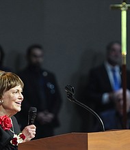 Regina Rogers speaks during the celebration of life services for The Rev. William “Bill” Lawson on Friday, May 24, 2024 in Houston. Known for being a “Houston’s Pastor,” Lawson was the founding pastor of Wheeler Avenue Baptist Church who helped lead the Houston’s racial desegregation in the 1960s and continued to be a civil rights leader and spiritual guide throughout his life. He retired from the pulpit in 2004, but remained active in the church until his death on May 14 at age 95.