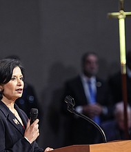 Dr. Renu Khator, University of Houston chancellor, speaks during the celebration of life services for The Rev. William “Bill” Lawson on Friday, May 24, 2024 in Houston. Known for being a “Houston’s Pastor,” Lawson was the founding pastor of Wheeler Avenue Baptist Church who helped lead the Houston’s racial desegregation in the 1960s and continued to be a civil rights leader and spiritual guide throughout his life. He retired from the pulpit in 2004, but remained active in the church until his death on May 14 at age 95.