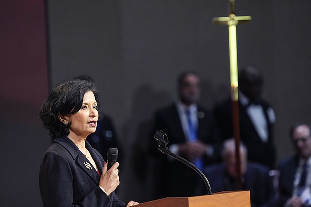 Dr. Renu Khator, University of Houston chancellor, speaks during the celebration of life services for The Rev. William “Bill” Lawson on Friday, May 24, 2024 in Houston. Known for being a “Houston’s Pastor,” Lawson was the founding pastor of Wheeler Avenue Baptist Church who helped lead the Houston’s racial desegregation in the 1960s and continued to be a civil rights leader and spiritual guide throughout his life. He retired from the pulpit in 2004, but remained active in the church until his death on May 14 at age 95.