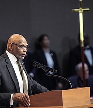 Dr. James Douglas speaks during the celebration of life services for The Rev. William “Bill” Lawson on Friday, May 24, 2024 in Houston. Known for being a “Houston’s Pastor,” Lawson was the founding pastor of Wheeler Avenue Baptist Church who helped lead the Houston’s racial desegregation in the 1960s and continued to be a civil rights leader and spiritual guide throughout his life. He retired from the pulpit in 2004, but remained active in the church until his death on May 14 at age 95.