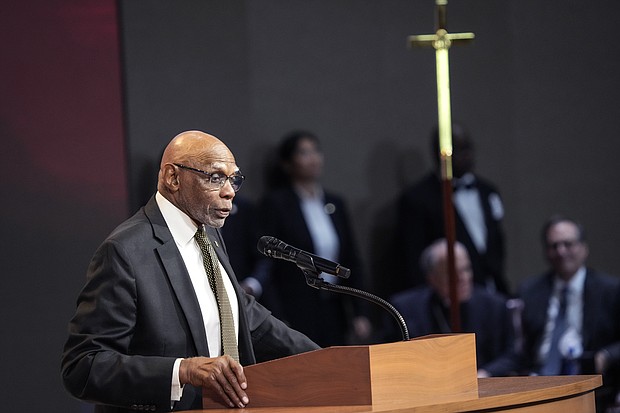 Dr. James Douglas speaks during the celebration of life services for The Rev. William “Bill” Lawson on Friday, May 24, 2024 in Houston. Known for being a “Houston’s Pastor,” Lawson was the founding pastor of Wheeler Avenue Baptist Church who helped lead the Houston’s racial desegregation in the 1960s and continued to be a civil rights leader and spiritual guide throughout his life. He retired from the pulpit in 2004, but remained active in the church until his death on May 14 at age 95.