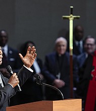 Former Mayor Sylvester Turner speaks during the celebration of life services for The Rev. William “Bill” Lawson in the sanctuary of the original Wheeler Avenue Baptist Church on Friday, May 24, 2024 in Houston. Known for being a “Houston’s Pastor,” Lawson was the founding pastor of Wheeler Avenue Baptist Church who helped lead the Houston’s racial desegregation in the 1960s and continued to be a civil rights leader and spiritual guide throughout his life. He retired from the pulpit in 2004, but remained active in the church until his death on May 14 at age 95.