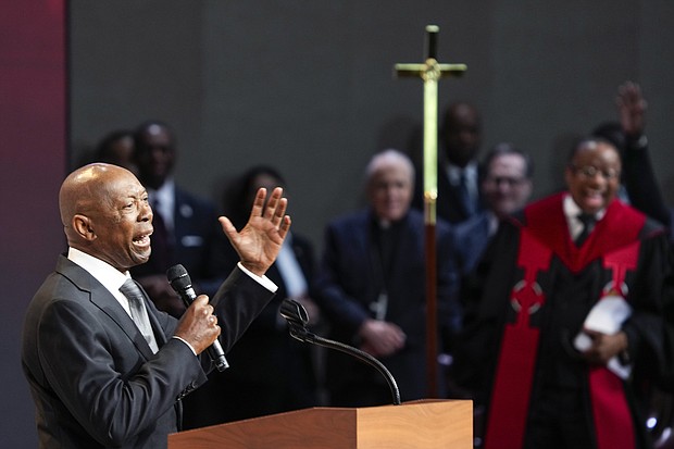 Former Mayor Sylvester Turner speaks during the celebration of life services for The Rev. William “Bill” Lawson in the sanctuary of the original Wheeler Avenue Baptist Church on Friday, May 24, 2024 in Houston. Known for being a “Houston’s Pastor,” Lawson was the founding pastor of Wheeler Avenue Baptist Church who helped lead the Houston’s racial desegregation in the 1960s and continued to be a civil rights leader and spiritual guide throughout his life. He retired from the pulpit in 2004, but remained active in the church until his death on May 14 at age 95.