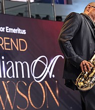 Kirk Whalum plays a song on the saxophone during the celebration of life for The Rev. William “Bill” Lawson on Friday, May 24, 2024 in Houston. Known for being a “Houston’s Pastor,” Lawson was the founding pastor of Wheeler Avenue Baptist Church who helped lead the Houston’s racial desegregation in the 1960s and continued to be a civil rights leader and spiritual guide throughout his life. He retired from the pulpit in 2004, but remained active in the church until his death on May 14 at age 95.