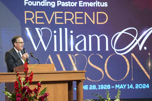 Rabbi David Lyon speaks during the celebration of life services for The Rev. William “Bill” Lawson on Friday, May 24, 2024 in Houston. Known for being a “Houston’s Pastor,” Lawson was the founding pastor of Wheeler Avenue Baptist Church who helped lead the Houston’s racial desegregation in the 1960s and continued to be a civil rights leader and spiritual guide throughout his life. He retired from the pulpit in 2004, but remained active in the church until his death on May 14 at age 95.