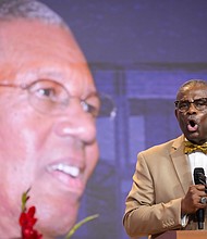 Dr. Abdul Haley Muhammad speaks during the celebration of life services for The Rev. William “Bill” Lawson on Friday, May 24, 2024 in Houston. Known for being a “Houston’s Pastor,” Lawson was the founding pastor of Wheeler Avenue Baptist Church who helped lead the Houston’s racial desegregation in the 1960s and continued to be a civil rights leader and spiritual guide throughout his life. He retired from the pulpit in 2004, but remained active in the church until his death on May 14 at age 95.