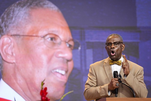 Dr. Abdul Haley Muhammad speaks during the celebration of life services for The Rev. William “Bill” Lawson on Friday, May 24, 2024 in Houston. Known for being a “Houston’s Pastor,” Lawson was the founding pastor of Wheeler Avenue Baptist Church who helped lead the Houston’s racial desegregation in the 1960s and continued to be a civil rights leader and spiritual guide throughout his life. He retired from the pulpit in 2004, but remained active in the church until his death on May 14 at age 95.