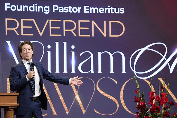 The Rev. Joel Osteen speaks during the celebration of life services for The Rev. William “Bill” Lawson on Friday, May 24, 2024 in Houston. Known for being a “Houston’s Pastor,” Lawson was the founding pastor of Wheeler Avenue Baptist Church who helped lead the Houston’s racial desegregation in the 1960s and continued to be a civil rights leader and spiritual guide throughout his life. He retired from the pulpit in 2004, but remained active in the church until his death on May 14 at age 95.