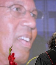 Dr. Barbara Williams speaks during the celebration of life services for The Rev. William “Bill” Lawson in the sanctuary of the original Wheeler Avenue Baptist Church on Friday, May 24, 2024 in Houston. Known for being a “Houston’s Pastor,” Lawson was the founding pastor of Wheeler Avenue Baptist Church who helped lead the Houston’s racial desegregation in the 1960s and continued to be a civil rights leader and spiritual guide throughout his life. He retired from the pulpit in 2004, but remained active in the church until his death on May 14 at age 95.