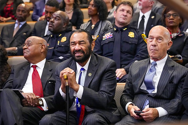 County Commissioner Rodney Ellis, from left, Rep. Al Green and Mayor John Whitmire attend the celebration of life services for The Rev. William “Bill” Lawson on Friday, May 24, 2024 in Houston. Known for being a “Houston’s Pastor,” Lawson was the founding pastor of Wheeler Avenue Baptist Church who helped lead the Houston’s racial desegregation in the 1960s and continued to be a civil rights leader and spiritual guide throughout his life. He retired from the pulpit in 2004, but remained active in the church until his death on May 14 at age 95.