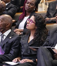 Former Mayor Sylvester Turner, from left, Harris County Judge Lina Hidalgo and County Commissioner Rodney Ellis attend the celebration of life services for The Rev. William “Bill” Lawson on Friday, May 24, 2024 in Houston. Known for being a “Houston’s Pastor,” Lawson was the founding pastor of Wheeler Avenue Baptist Church who helped lead the Houston’s racial desegregation in the 1960s and continued to be a civil rights leader and spiritual guide throughout his life. He retired from the pulpit in 2004, but remained active in the church until his death on May 14 at age 95.