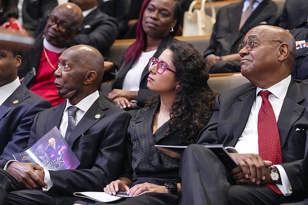 Former Mayor Sylvester Turner, from left, Harris County Judge Lina Hidalgo and County Commissioner Rodney Ellis attend the celebration of life services for The Rev. William “Bill” Lawson on Friday, May 24, 2024 in Houston. Known for being a “Houston’s Pastor,” Lawson was the founding pastor of Wheeler Avenue Baptist Church who helped lead the Houston’s racial desegregation in the 1960s and continued to be a civil rights leader and spiritual guide throughout his life. He retired from the pulpit in 2004, but remained active in the church until his death on May 14 at age 95.