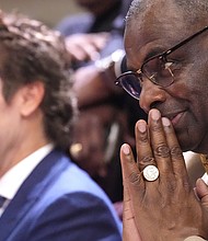 The Rev. Joel Osteen, left, and Dr. Abdul Haley Muhammad listen to tributes during the celebration of life services for The Rev. William “Bill” Lawson on Friday, May 24, 2024 in Houston. Known for being a “Houston’s Pastor,” Lawson was the founding pastor of Wheeler Avenue Baptist Church who helped lead the Houston’s racial desegregation in the 1960s and continued to be a civil rights leader and spiritual guide throughout his life. He retired from the pulpit in 2004, but remained active in the church until his death on May 14 at age 95.