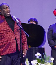 Reginald Smith, Jr., sings during the celebration of life services for The Rev. William “Bill” Lawson on Friday, May 24, 2024 in Houston. Known for being a “Houston’s Pastor,” Lawson was the founding pastor of Wheeler Avenue Baptist Church who helped lead the Houston’s racial desegregation in the 1960s and continued to be a civil rights leader and spiritual guide throughout his life. He retired from the pulpit in 2004, but remained active in the church until his death on May 14 at age 95.