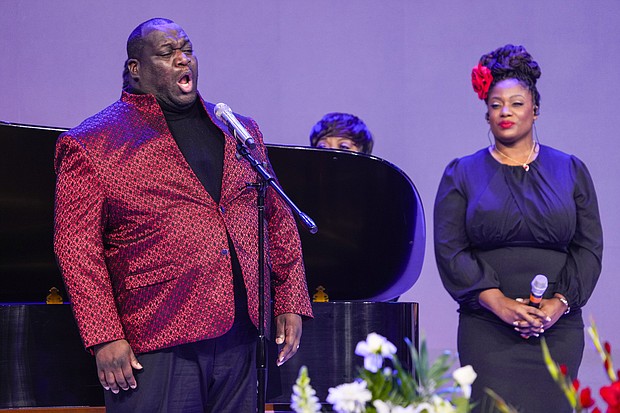 Reginald Smith, Jr., sings during the celebration of life services for The Rev. William “Bill” Lawson on Friday, May 24, 2024 in Houston. Known for being a “Houston’s Pastor,” Lawson was the founding pastor of Wheeler Avenue Baptist Church who helped lead the Houston’s racial desegregation in the 1960s and continued to be a civil rights leader and spiritual guide throughout his life. He retired from the pulpit in 2004, but remained active in the church until his death on May 14 at age 95.