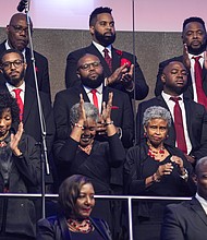 Choir members react to tributes during the celebration of life services for The Rev. William “Bill” Lawson on Friday, May 24, 2024 in Houston. Known for being a “Houston’s Pastor,” Lawson was the founding pastor of Wheeler Avenue Baptist Church who helped lead the Houston’s racial desegregation in the 1960s and continued to be a civil rights leader and spiritual guide throughout his life. He retired from the pulpit in 2004, but remained active in the church until his death on May 14 at age 95.
