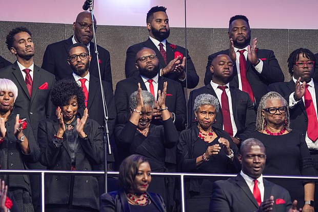 Choir members react to tributes during the celebration of life services for The Rev. William “Bill” Lawson on Friday, May 24, 2024 in Houston. Known for being a “Houston’s Pastor,” Lawson was the founding pastor of Wheeler Avenue Baptist Church who helped lead the Houston’s racial desegregation in the 1960s and continued to be a civil rights leader and spiritual guide throughout his life. He retired from the pulpit in 2004, but remained active in the church until his death on May 14 at age 95.