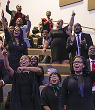 Church members react to a song during the celebration of life services for The Rev. William “Bill” Lawson in the sanctuary of the original Wheeler Avenue Baptist Church on Friday, May 24, 2024 in Houston. Known for being a “Houston’s Pastor,” Lawson was the founding pastor of Wheeler Avenue Baptist Church who helped lead the Houston’s racial desegregation in the 1960s and continued to be a civil rights leader and spiritual guide throughout his life. He retired from the pulpit in 2004, but remained active in the church until his death on May 14 at age 95.