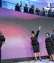Bettye Armstrong leads the choir off the stage at the end of her performance during the celebration of life services for The Rev. William “Bill” Lawson on Friday, May 24, 2024 in Houston. Known for being a “Houston’s Pastor,” Lawson was the founding pastor of Wheeler Avenue Baptist Church who helped lead the Houston’s racial desegregation in the 1960s and continued to be a civil rights leader and spiritual guide throughout his life. He retired from the pulpit in 2004, but remained active in the church until his death on May 14 at age 95.