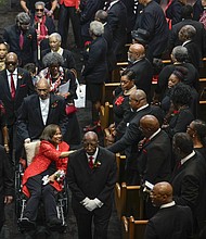 The family of The Rev. William “Bill” Lawson walk out of the sanctuary at the end of tributes and the celebration of life honoring Lawson n Friday, May 24, 2024 in Houston. Known for being a “Houston’s Pastor,” Lawson was the founding pastor of Wheeler Avenue Baptist Church who helped lead the Houston’s racial desegregation in the 1960s and continued to be a civil rights leader and spiritual guide throughout his life. He retired from the pulpit in 2004, but remained active in the church until his death on May 14 at age 95.