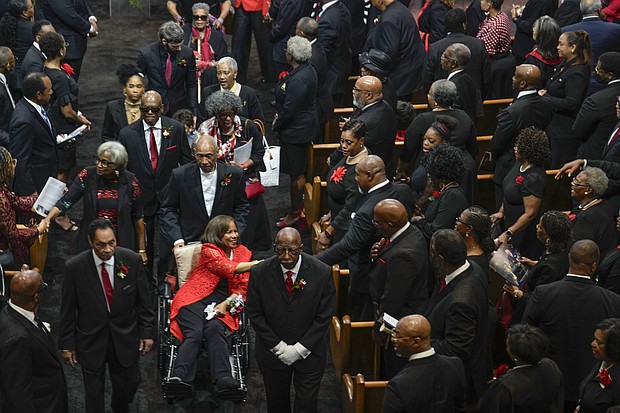 The family of The Rev. William “Bill” Lawson walk out of the sanctuary at the end of tributes and the celebration of life honoring Lawson n Friday, May 24, 2024 in Houston. Known for being a “Houston’s Pastor,” Lawson was the founding pastor of Wheeler Avenue Baptist Church who helped lead the Houston’s racial desegregation in the 1960s and continued to be a civil rights leader and spiritual guide throughout his life. He retired from the pulpit in 2004, but remained active in the church until his death on May 14 at age 95.