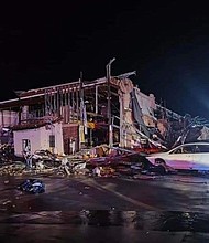 A possible tornado injured an unknown number of people, damaged several buildings, and knocked out power lines on Saturday night near Denton, Texas, authorities said early Sunday, May 26, 2024.
Mandatory Credit:	City of Denton Fire Department via CNN Newsource