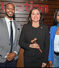 From left to right: Newly elected First Vice President David Brown, Board President Amy Flores Hinojosa and Second Vice President Erica Davis.