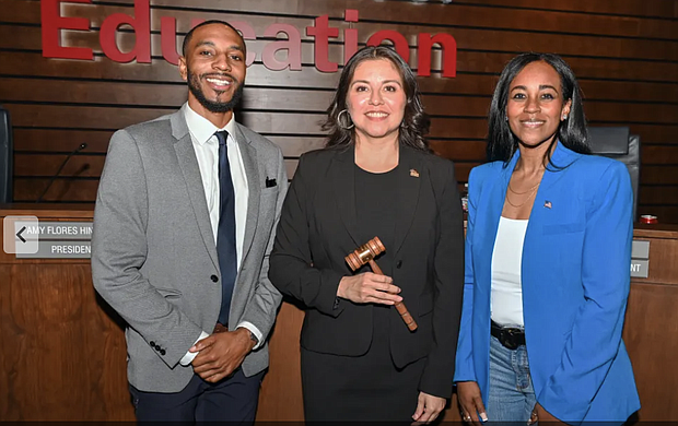 From left to right: Newly elected First Vice President David Brown, Board President Amy Flores Hinojosa and Second Vice President Erica Davis.