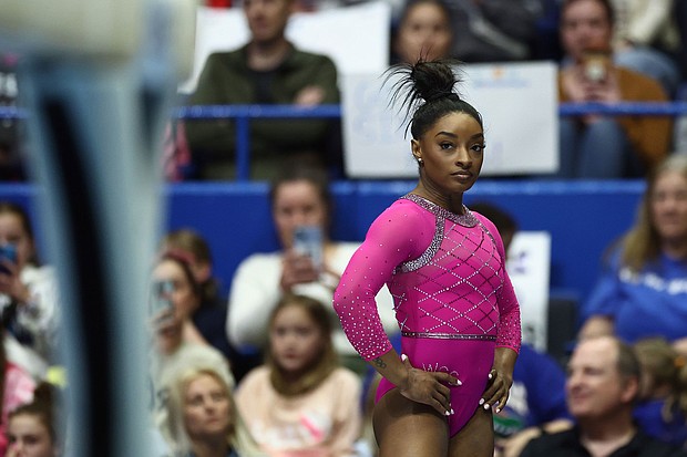 Biles looks on during May's Core Hydration Classic in Hartford, Connecticut.
Mandatory Credit:	Tim Nwachukwu/Getty Images/File via CNN Newsource