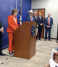Harris County District Attorney Kim Ogg and Mayor Whitmire making an announcement on corruption charges related to Emergency Water Repair Scam.