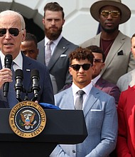 President Joe Biden welcomes the NFL Kansas City Chiefs to the White House in June 2023. The Chiefs' visit to the White House on May 31 comes a few weeks since Chiefs kicker Harrison Butker criticized Biden.
Mandatory Credit:	Kevin Dietsch/Getty Images via CNN Newsource