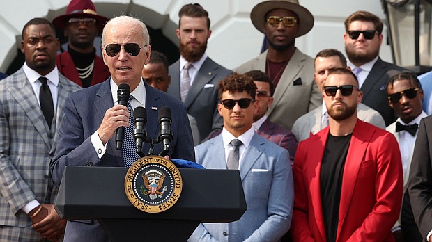 President Joe Biden welcomes the NFL Kansas City Chiefs to the White House in June 2023. The Chiefs' visit to the White House on May 31 comes a few weeks since Chiefs kicker Harrison Butker criticized Biden.
Mandatory Credit:	Kevin Dietsch/Getty Images via CNN Newsource