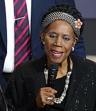 Rep. Sheila Jackson Lee speaks during the celebration of life services for The Rev. William “Bill” Lawson in the sanctuary of the original Wheeler Avenue Baptist Church on Friday, May 24, 2024 in Houston._Photo Credit: Houston Chronicle