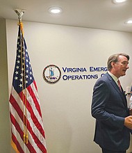 Gov. Glenn Youngkin speaks with members of the press about hurricane season forecasts on May 24.