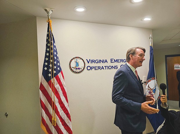 Gov. Glenn Youngkin speaks with members of the press about hurricane season forecasts on May 24.