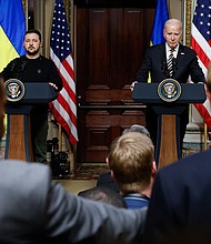 In this December 2023 file photo, Ukrainian President Volodymyr Zelensky and US President Joe Biden hold a news conference in Washington, DC. The Biden administration announced the two would meet again in Normandy, France.
Mandatory Credit:	Chip Somodevilla/Getty Images/File via CNN Newsource