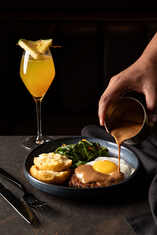Thirteen’s new Wagyu Fried Steak and eggs with pepper gravy, is available exclusively on the Sunday Brunch menu.
Photo: Courtesy of Thirteen by James Harden