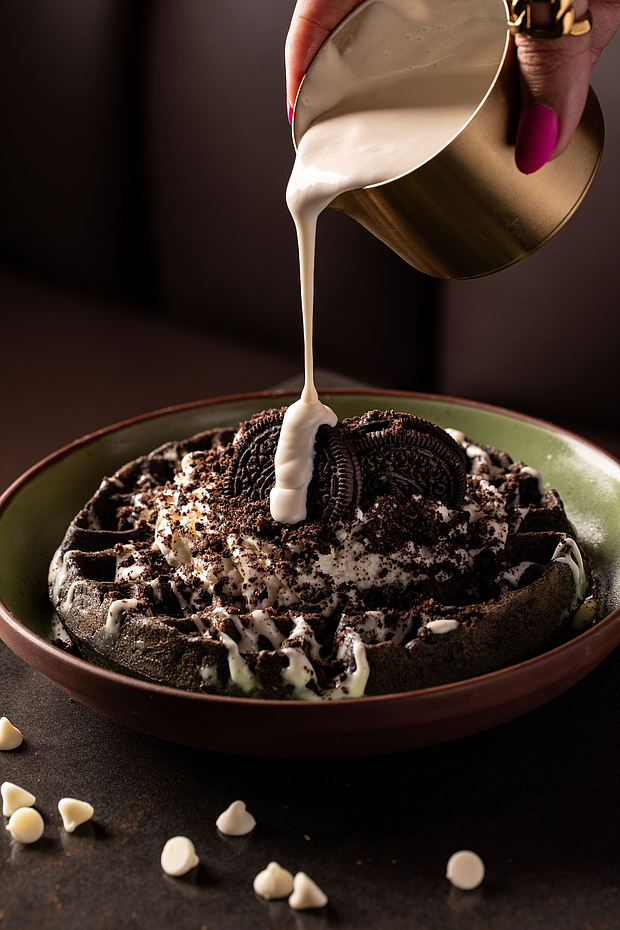 Thirteen’s Brunch Waffles and French Toast are culinary creations with flavors including Cookies & Cream, Hennesy Banana Caramel, and Berries & Cream.
Photo: Courtesy of Thirteen by James Harden