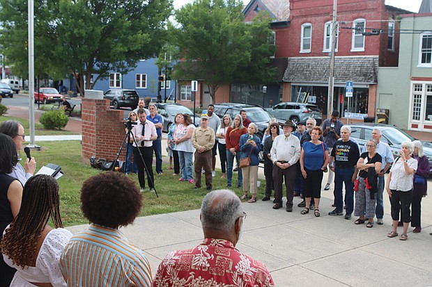 A crowd gathers in front of the Shenandoah County Circuit Court on June 11 after the Virginia NAACP announced it has filed a lawsuit against the Shenandoah County School Board for allegedly “reaffirming discrimination” when it voted to return the original Confederate school names on May 10.