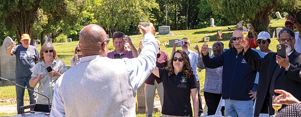 Richmond and  area residents celebrate the 107th Birthday of Woodland Cemetery with the unveiling of a Historic Marker and Woodland Fountain as well as refreshments in the cemetery Chapel.  Sandra Sellars/Richmond Free Press.