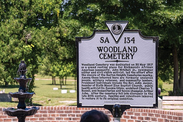 Richmond and  area residents celebrate the 107th Birthday of Woodland Cemetery with the unveiling of a Historic Marker and Woodland Fountain as well as refreshments in the cemetery Chapel.  Sandra Sellars/Richmond Free Press.