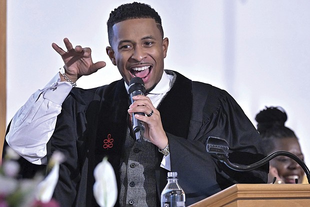 The Rev. Branch Thomas Crowley preaches during Sunday service at Myrtle Baptist Church Sunday last month in Newton, Mass. In 2015, Crowley, the senior pastor of the church, one of America’s oldest Black churches, announced, to his congregation, “I am a proud, Black, gay Christian male.”