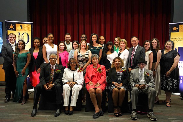 Comcast NBCUniversal leaders and teammates gathered with HONORED GUESTS (left to right) Judson Robinson III; Beatrice Foots-Duncantell, wife of the late Ovide Duncantell; Jacqueline Whiting Bostic; Norma Bradley; and Dr. James Douglas at Houston’s Emancipation Park Cultural Center, June 11, 2024. Comcast NBCUniversal hosted the evening to celebrate Houston-based civil rights champions featured on its “Voices of the Civil Rights Movement” platform. (Comcast NBCUniversal / Voices of the Civil Rights Movement)