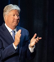 Pastor Robert Morris applauds after President Donald Trump spoke at Gateway Church's Dallas campus in June 2020.
Mandatory Credit:	Alex Brandon/AP via CNN Newsource