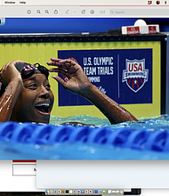Manuel reacts to winning the women's 50m freestyle final at the US swimming trials.
Mandatory Credit:	Sarah Stier/Getty Images via CNN Newsource