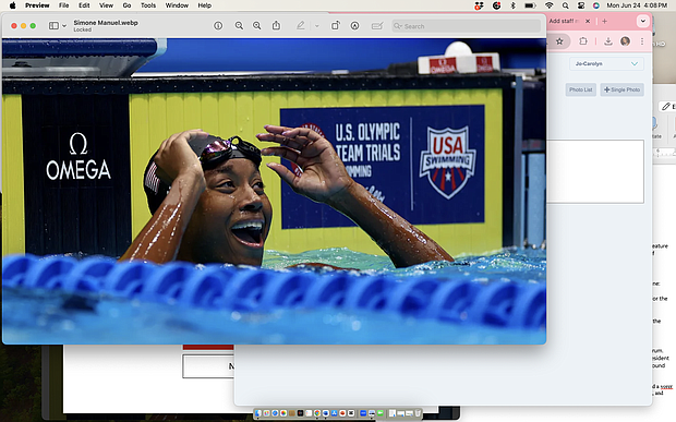 Manuel reacts to winning the women's 50m freestyle final at the US swimming trials.
Mandatory Credit: Sarah Stier/Getty Images via CNN Newsource