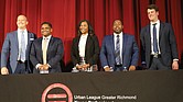 Five candidates are seeking to be the next mayor of Richmond: Andreas Addison, left, Danny Avula, Michelle Mosby,
Maurice Neblett and Harrison Roday. They appeared at a mayoral forum Monday at Virginia Union University.