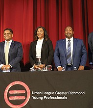 Five candidates are seeking to be the next mayor of Richmond: Andreas Addison, left, Danny Avula, Michelle Mosby,
Maurice Neblett and Harrison Roday. They appeared at a mayoral forum Monday at Virginia Union University.