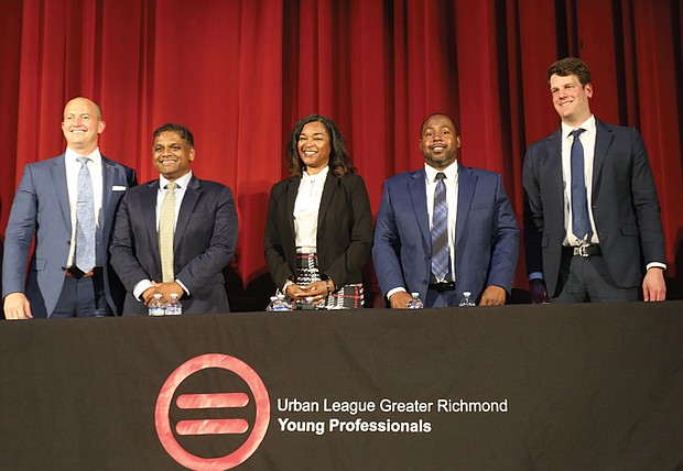 Five candidates are seeking to be the next mayor of Richmond: Andreas Addison, left, Danny Avula, Michelle Mosby,
Maurice Neblett and Harrison Roday. They appeared at a mayoral forum Monday at Virginia Union University.